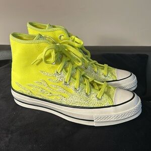 Chuck Taylor Converse Archival Neon Yellow Glitter Flames High Top Women sz 7.5